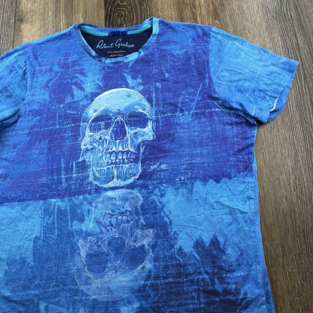 Robert Graham Reflections Skull Shirt Mens L Blue Dead Beach 100% Cotton Tee